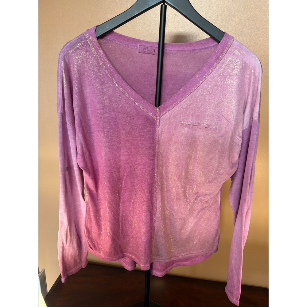 New Collection Purple Pink Ombre Gold Shimmer V-Neck Long Sleeve‎ Knit Top L